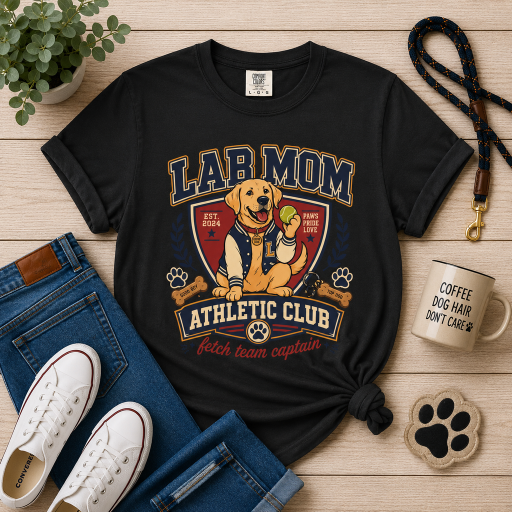 Lab Mom Athletic Club T-Shirt — "Fetch Team Captain" Graphic Tee