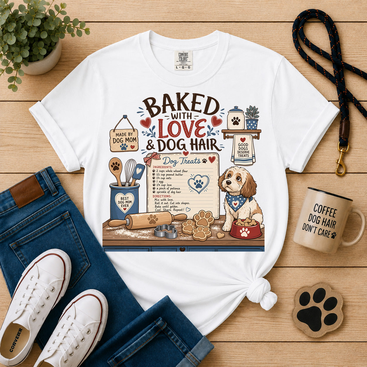 Baked with Love & Dog Hair Dog Mom T-Shirt | Funny Dog Baker Graphic Tee