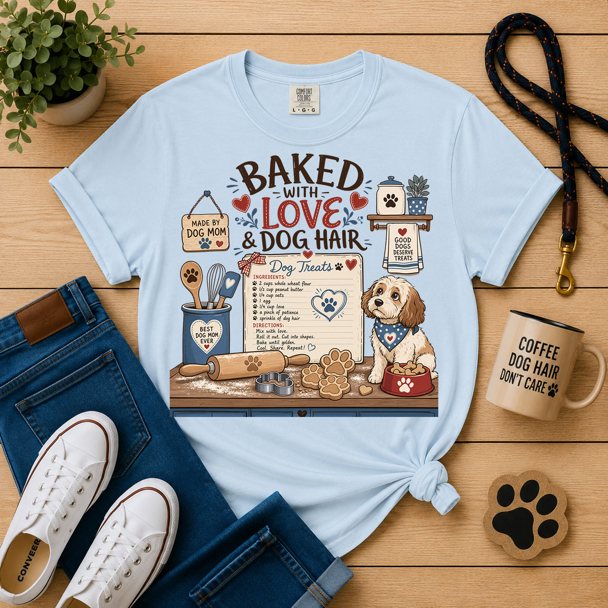 Baked with Love & Dog Hair Dog Mom T-Shirt | Funny Dog Baker Graphic Tee