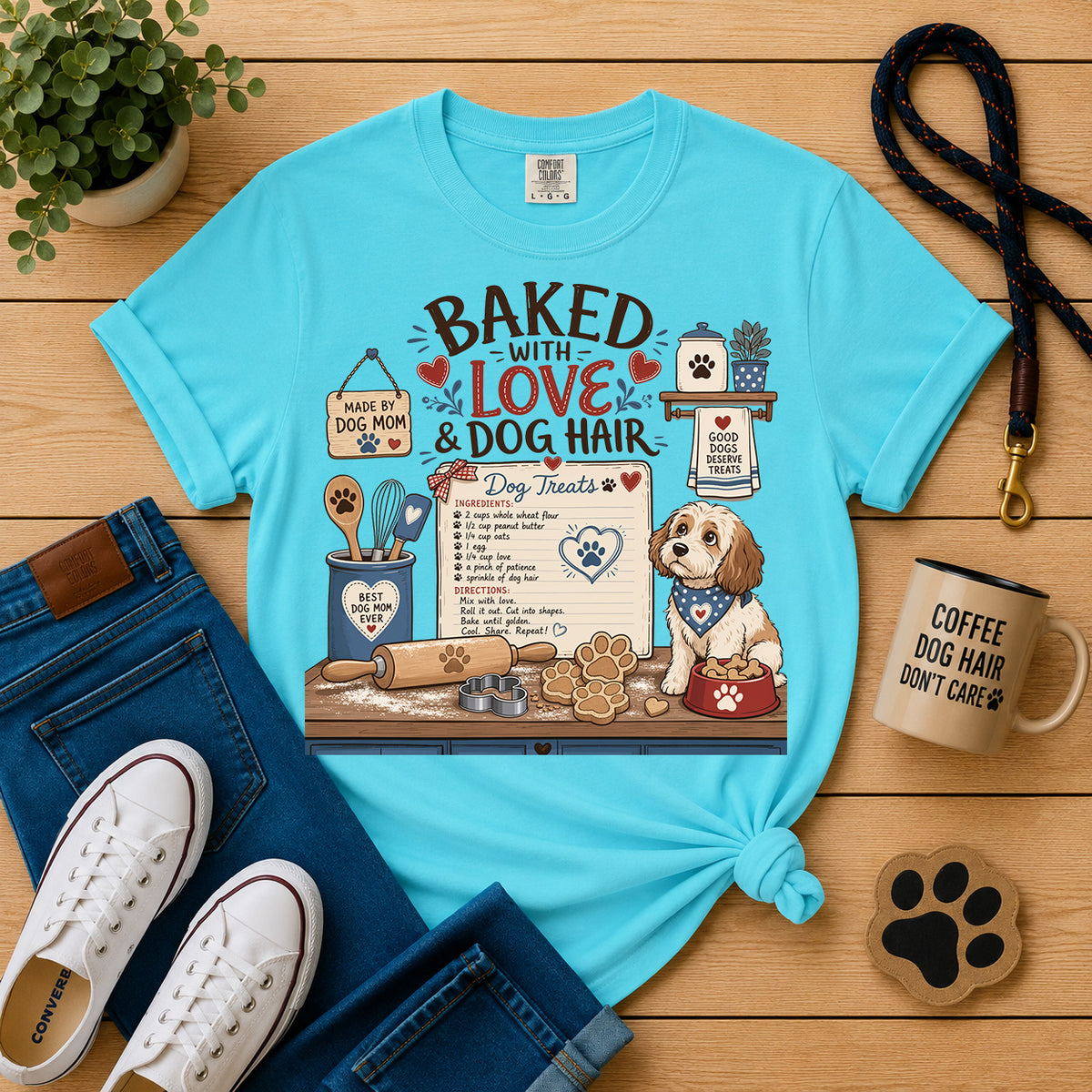 Baked with Love & Dog Hair Dog Mom T-Shirt | Funny Dog Baker Graphic Tee