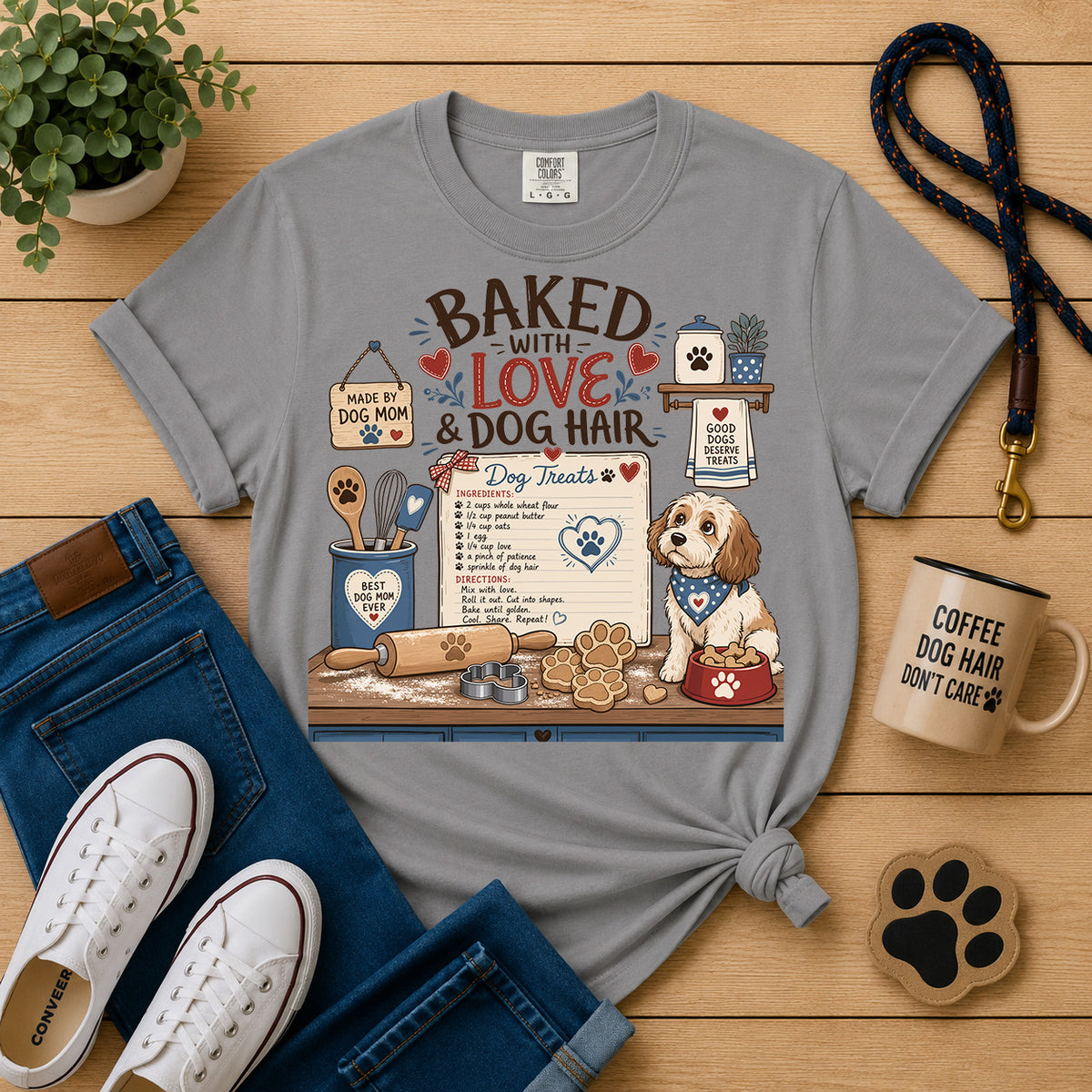 Baked with Love & Dog Hair Dog Mom T-Shirt | Funny Dog Baker Graphic Tee