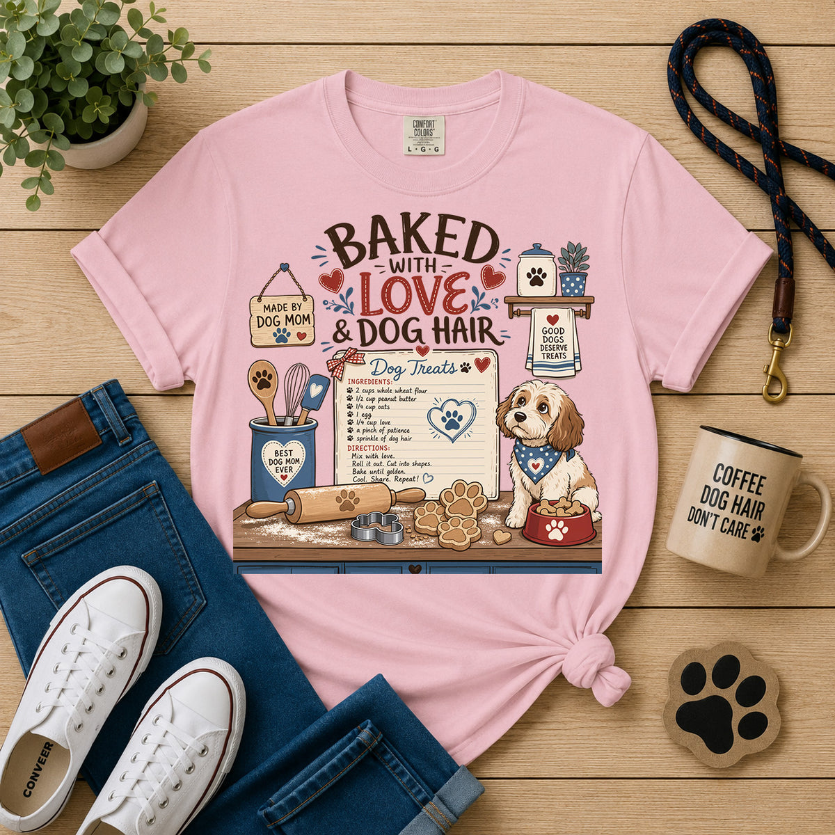 Baked with Love & Dog Hair Dog Mom T-Shirt | Funny Dog Baker Graphic Tee
