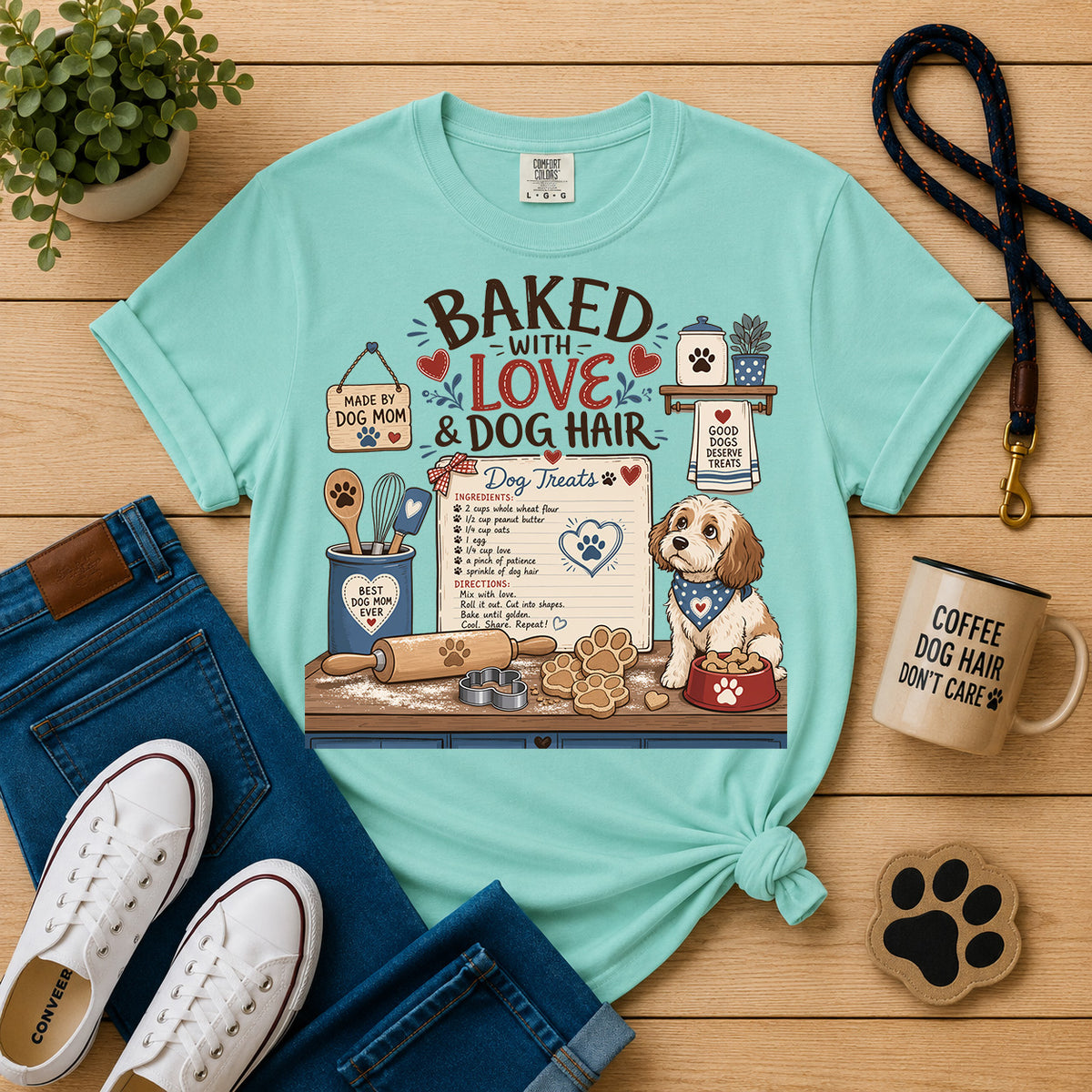 Baked with Love & Dog Hair Dog Mom T-Shirt | Funny Dog Baker Graphic Tee